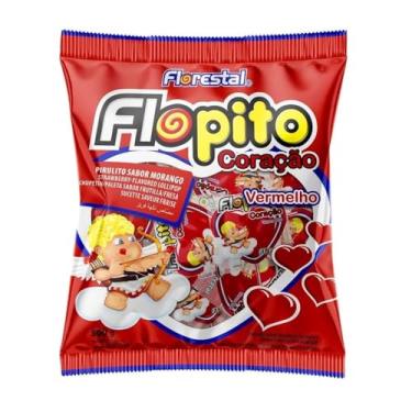 Imagem de Pirulito Coração Vermelho Flopito C/50 Unidades Morango Pacote 500g Florestal