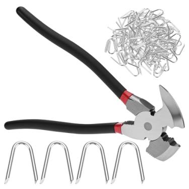 Imagem de QWORK Alicate de cerca de 25 cm com grampos de arame de aço, 200 peças de pregos galvanizados em forma de U, alicate de cerca multiferramentas, ferramentas de cerca de arame farpado