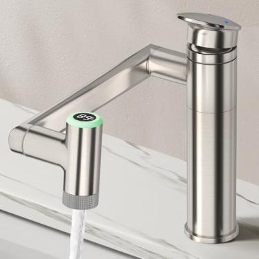 Imagem de HOWUWEY Torneira giratória de 1080° para banheiro de furo único com exibição de temperatura, torneira de pia de banheiro com alavanca única ajustável de altura 1 furo, torneira de lavatório de LED com