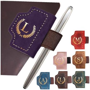 Imagem de Marcador de livro personalizado com suporte de caneta, marcador magnético de couro, 26 letras, presentes para amantes de livros, leitores, marcadores de livro de couro para homens e mulheres (roxo, G)