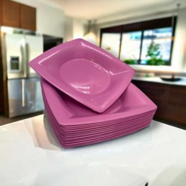 Imagem de Jogo De Pratos 25 PeçAs | Pratos Quadrados Fundos Em PláStico ReutilizáVel E Resistente | Ideal Para Festas, Churrascos, Lanches E Dia A Dia | Cores Variadas(20 Pratos,Rosa)