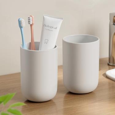 Imagem de MOPMS Copo de escova de dentes 380 ml, copo reutilizável inquebrável, 2 peças, porta-escovas de dentes de plástico antiderrapante para banheiro, cinza
