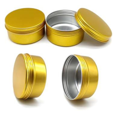 Imagem de Wopanxye Pote de lata de alumínio de 200 ml, recipiente de maquiagem recarregável de 200 g, tampa rosqueada dourada, pequenas latas redondas de 200 ml para cosméticos, protetor labial, creme, toner