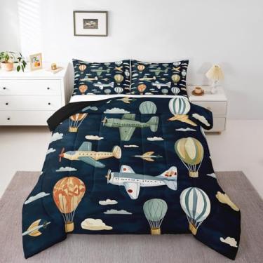 Imagem de Erosebridal Conjunto de edredom infantil casal com estampa de avião, avião, helicóptero, avião voando, para meninos e meninas, decoração de viagem