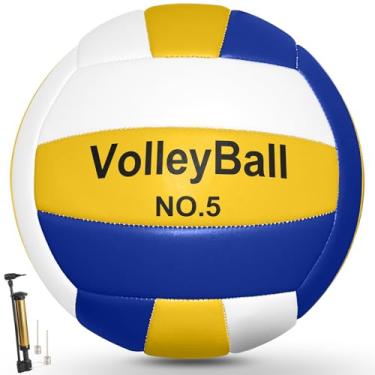 Imagem de TengisLuky Kit de vôlei de toque macio – Couro PU tamanho 5 oficial – Bolas de vôlei para uso interno e externo para praia, jogos, academia, treinamento – Inclui bomba de bola com agulhas de bomba