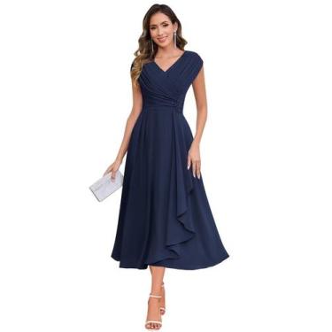 Imagem de Vestido feminino HYY azul marinho, chiffon, decote em V, babados, tama