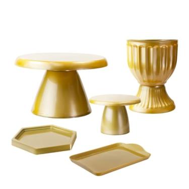 Imagem de Kit Mesa Decorada com Boleira Cogumelo e Acessórios – Vaso, Bandeja e Mini Peças (Dourado)