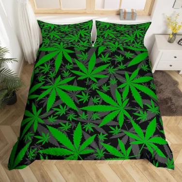 Imagem de Capa de edredom de folha de maconha, estampa de cannabis, verde, cinza, ramos botânicos, conjunto de cama para meninos, meninas, jovens, adultos, King com 2 fronhas, folhas de maconha