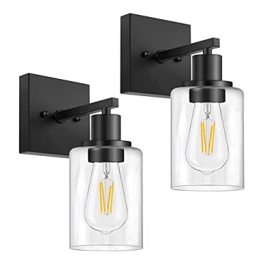 Imagem de Luminária de parede de metal preto, arandela de vidro transparente, luminária de parede vintage, conjunto de 2 luminárias de parede estilo fazenda retrô, luminárias rústicas para penteadeira
