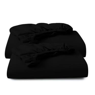 Imagem de Pacote com 2 lençóis King Size 100% algodão egípcio, 600 fios, lençol de baixo de cetim com bolso profundo de 20,3 a 40,6 cm, macio, respirável, confortável e de qualidade de hotel (king, preto)