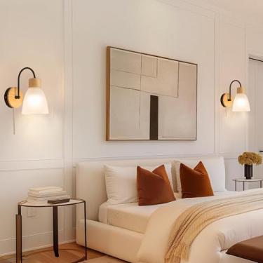 Imagem de Luminária de parede interna moderna com interruptor de cordão, luminária de parede de metal, arandela de vidro para quarto, E27, luminária de pescoço de ganso industrial, rústica, de madeira