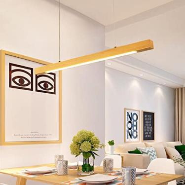 Imagem de Luminária pendente de madeira moderna regulável com controle remoto, lustre de altura ajustável para sala de estar, luminária decorativa com vigas de madeira, temperatura de cor 3000 6500K,