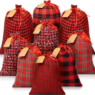 Imagem de OuMuaMua Sacos de presente de Natal de tecido com cordão, 9 peças, sacos xadrez de búfalo vermelho e preto com etiquetas de presente Kraft, sacos de presente de Natal para embrulhar e guardar