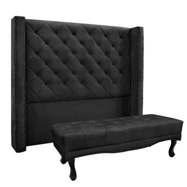 Imagem de Cabeceira Cama Box Queen 160cm e Recamier Vicenza Veludo Preto S04 - D'Rossi