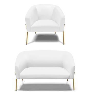 Imagem de Sofá Namoradeira e Poltrona Pé de Ferro Dourado Stella Corino Branco D03 - D'Rossi