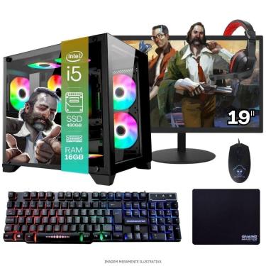 Imagem de Computador Pc Gamer Completo Tob Intel Core I5 Ssd 480Gb 16Gb Gabinete Aquário Teclado Mouse Mouse Pad E Headset Gamer Monitor 19” Windows 10 Pro Tria