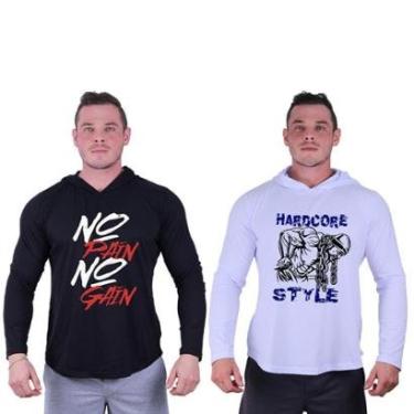 Imagem de Kit 2 Camisetas Manga Longa com Touca Longline Estampada Treino Academia Lazer Casual-Masculino