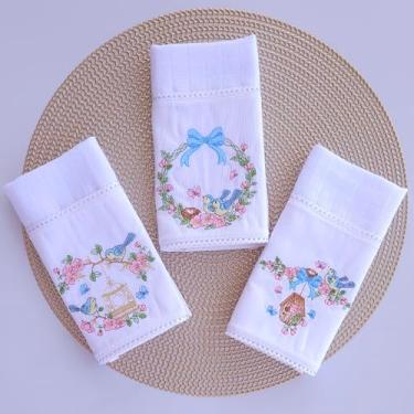 Imagem de Kit 3 Fraldas de Boca - Pássaros & Flores - Kit Presente de Bebê - Eliane Atelier