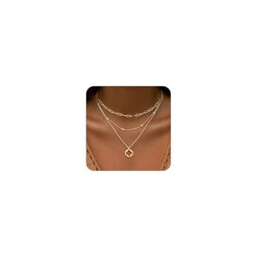 Imagem de Colar em camadas de ouro e prata para mulheres, não mancha, gargantilha delicada, colar grosso, pingente de pilha, conjunto de colar de corrente com pingente de pingente banhado a ouro 14K longo