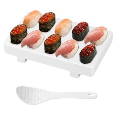 Imagem de Molde de plástico para fazer arroz de sushi, molde de bola de arroz com 10 grades, antiaderente, ferramenta de prensa de sushi com colher, fácil de desmoldar para piquenique em casa (branco)