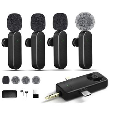 Imagem de Gicorino Microfones de lapela sem fio compatíveis com iPhone, telefone Android, câmera, computador, mini microfone profissional sem fio para gravação de vídeo, Vlog, YouTube, TikTok (4 microfones)