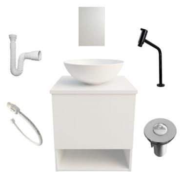 Imagem de Gabinete Armario Banheiro Aereo Branco 40cm Cuba Espelho Torneira Preta Link 100% MDP