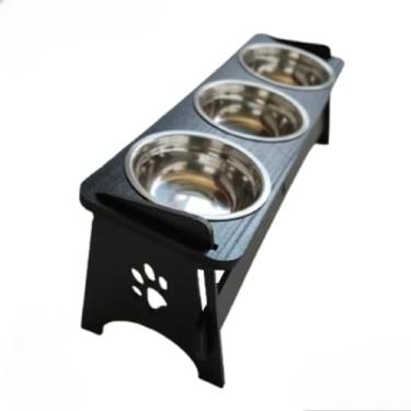 Imagem de Comedouro Triplo Elevado Com TAMPAS Para Cães e Gatos + Tigelas Inox(Tabaco)