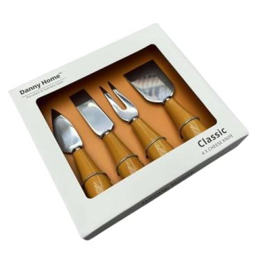 Imagem de Kit de Talheres para Queijo de Luxo, 4 Peças, Cabo de Cerâmica Resistente Colorido, em Inox, Preto, Rosa e Bege, para Servir Frios e Petisco, para Cozinha Decorativo, Jogo para Queijo (Bege)