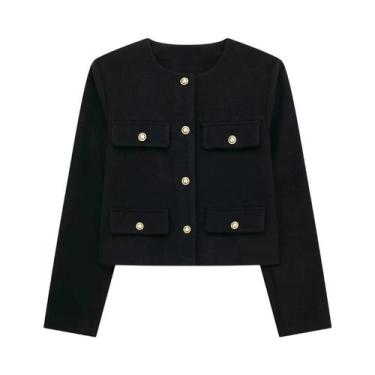 Imagem de Jaqueta Elegante Feminina Cropped Com Decote Redondo, Manga Longa, Bol