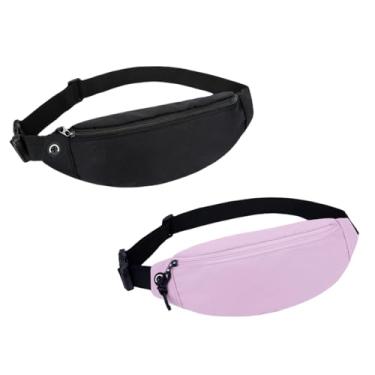 Imagem de Pochete pequena, pacote com 2, bolsa de cintura de nylon impermeável com zíper, mochilas leves para quadril para homens e mulheres (preto + roxo claro)