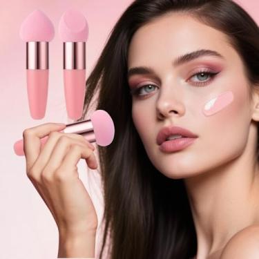 Imagem de 3 esponjas de maquiagem, esponja de liquidificador de beleza para base, aplicador de pó cosmético e corretivo com alça, pincel de maquiagem para misturar molhado e seco