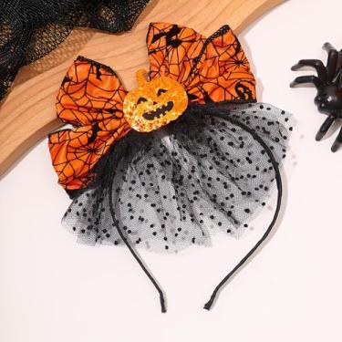 Imagem de Bandanas de abóbora de Halloween – design assustador de teia de aranha e morcego, cores misturadas, acessórios de cabelo de resina durável para mulheres, adereços de foto de festa de Halloween, faixas