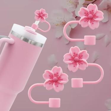 Imagem de 3 peças de tampa de palha de flores de cerejeira para Stanley Cup, bonito topo de palha 10 mm 1 cm tampas de pontas reutilizáveis