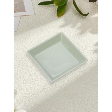 Imagem de 1 bandeja de joias, pratos de porcelana verde claro em formato quadrado, prato de servir lanche de cerâmica esmaltada inflamada para anéis, colares, pulseiras, decorações de casa, 10 x 10 x 2,6 cm