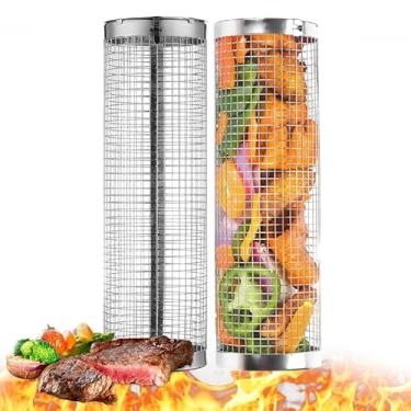 Imagem de Cesta de churrasqueira, cestas de grelha rolantes para acampamento ao ar livre, cestas de tubo de rede de churrasco de aço inoxidável para peixes, legumes e muito mais (30 x 9 cm)