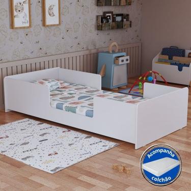Imagem de Cama Infantil Solteiro com Colchão Branco Moderna Segura para Crianças Quarto Menino Menina MDF