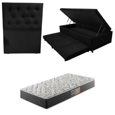 Imagem de Cama Box Baú Solteiro com Auxiliar (Bicama) + Colchão de Espuma D33 17cm | Kit Completo com Cabeceira Botonê Opcional | Diversas Cores (3, SUEDE PRETO, COM CABECEIRA)