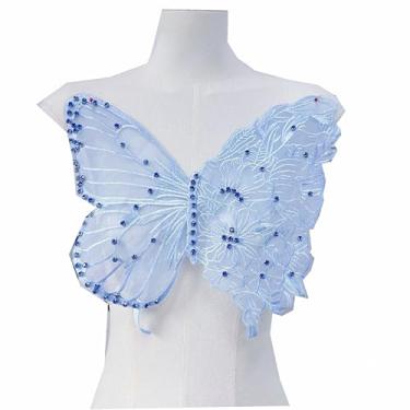 Imagem de Apliques de bordado de borboleta grande da moda para roupas, remendos de renda, gola de malha, acessórios de tecido para vestido de casamento, dama de honra, decoração DIY (azul)