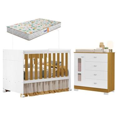 Imagem de Kit Berço Americano Katatau em MDF com Colchão Gazin e Cômoda Infantil Branco para Bebê