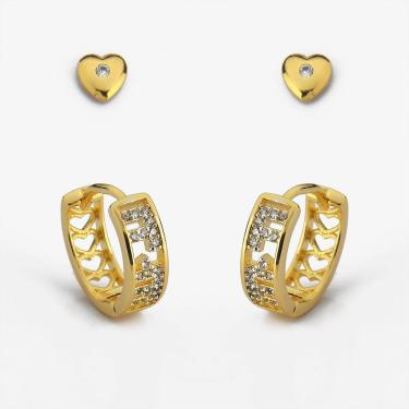 Imagem de Kit Brincos Argola e Segundo Furo Brinco De Coração