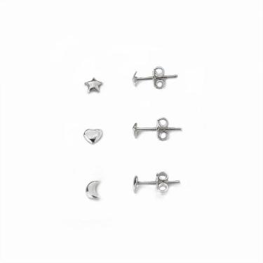 Imagem de Kit Trio Brincos Estrela, Lua e Coração Prata 925