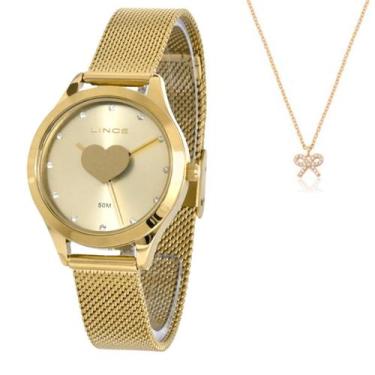 Imagem de Relogio Resistente Feminino de Pulso Dourado Lince Original