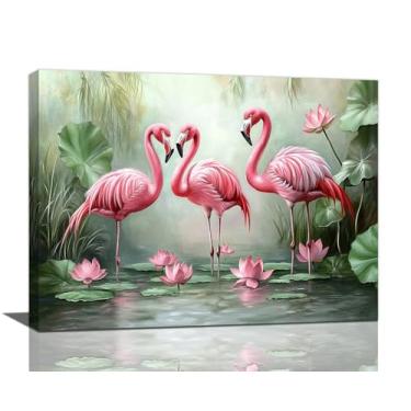 Imagem de Decoração de parede de flamingo, arte de parede abstrata de flamingo, impressão em tela de vida selvagem tropical para banheiro, sala de estar, quarto, escritório, emoldurado, 41 x 30 cm