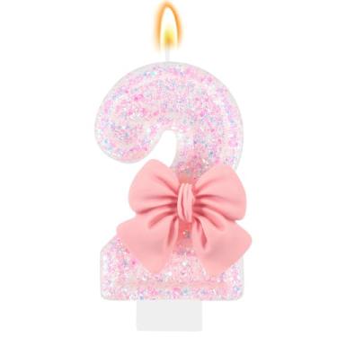 Imagem de IDIJOLI Laço de vela de aniversário rosa número 2, topo de bolo, decoração de cupcake, decorações de festa de aniversário de 2 anos, comemorações, suprimentos, lembrancinhas