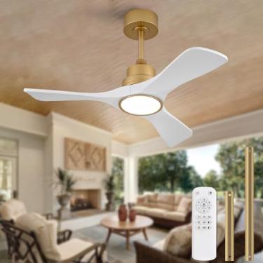 Imagem de Ventiladores de teto brancos e dourados de 91 cm com luzes e controle remoto, ventilador de teto externo de madeira de 3 lâminas com ventiladores de teto externos para pátios, ventilador de teto de