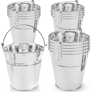 Imagem de 16 mini baldes metálicos prateados de 12 cm de ferro galvanizado rústico com alças para decoração de móveis artesanais, bebidas geladas, lembrancinhas de festa