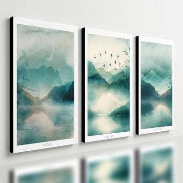 Imagem de Kit 3 Quadro Decorativo Paisagem Azul Moderno Montanha Sala Qualidade Premium Luxo (40x28cm)