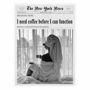 Imagem de Pôster impresso em tela com citação de café vintage "I Need Coffee Before I Can Function" – Arte de parede divertida para cozinha, escritório e cafeteria em estilo de jornal retrô decoração de parede