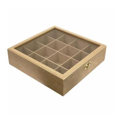 Imagem de Organizador de Joias, Caixa Mdf 31x31x8cm com Tampa de Vidro Fecho E Dobradiças 16 Divisórias Porta Chá Relógio Artesanato(Mdf Cru)