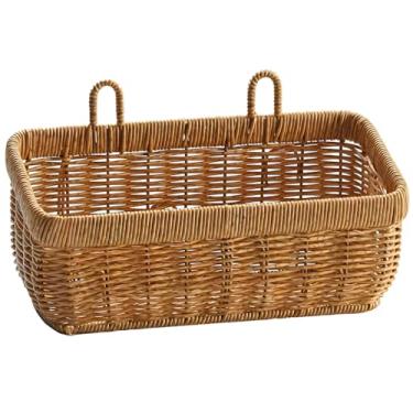 Imagem de LUMINFLY Cesta suspensa retangular, suporte de ovo e frutas de parede de vime falso, 28 x 6,3 x 13 cm, design de orelha dupla para armazenamento de cozinha ou banheiro